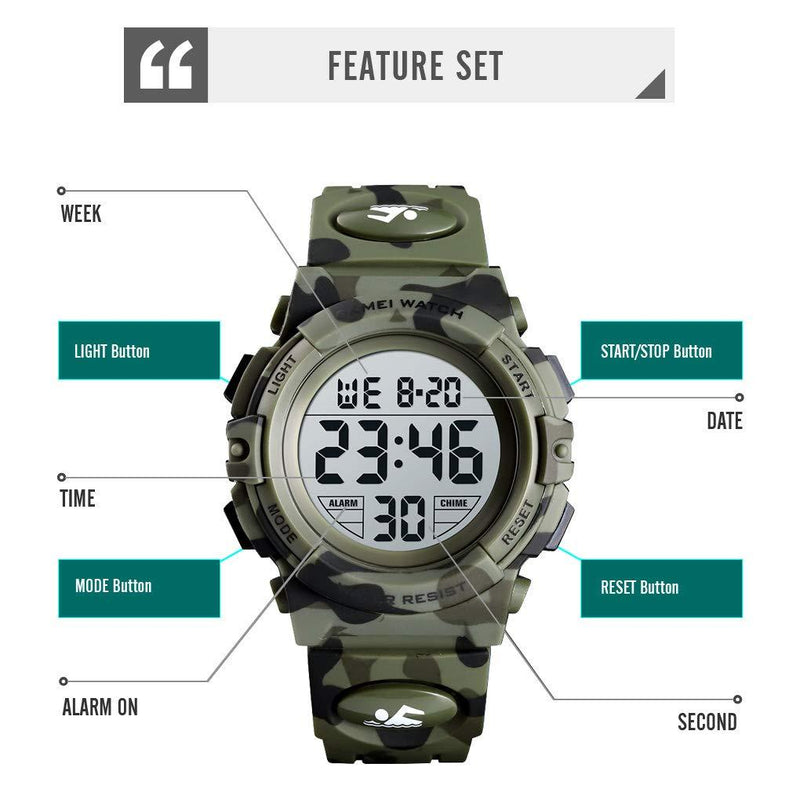 Boys Watch Digital Sports Waterproof Electronic Childrens Kids Watches Alarm Clock 12/24 H Stopwatch Calendar Boy Girl Wristwatch Camo Green