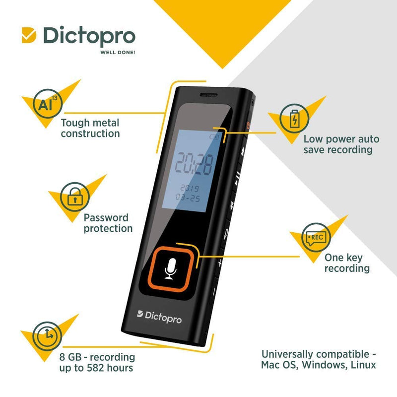 Digital Voice Activated Recorder w/Password Protection - HQ Recording from 60ft, Record Lectures & Meetings, Sensitive Microphone, Automatic Noise Reduction, 582H Playback, Small & Portable, USB, 8G