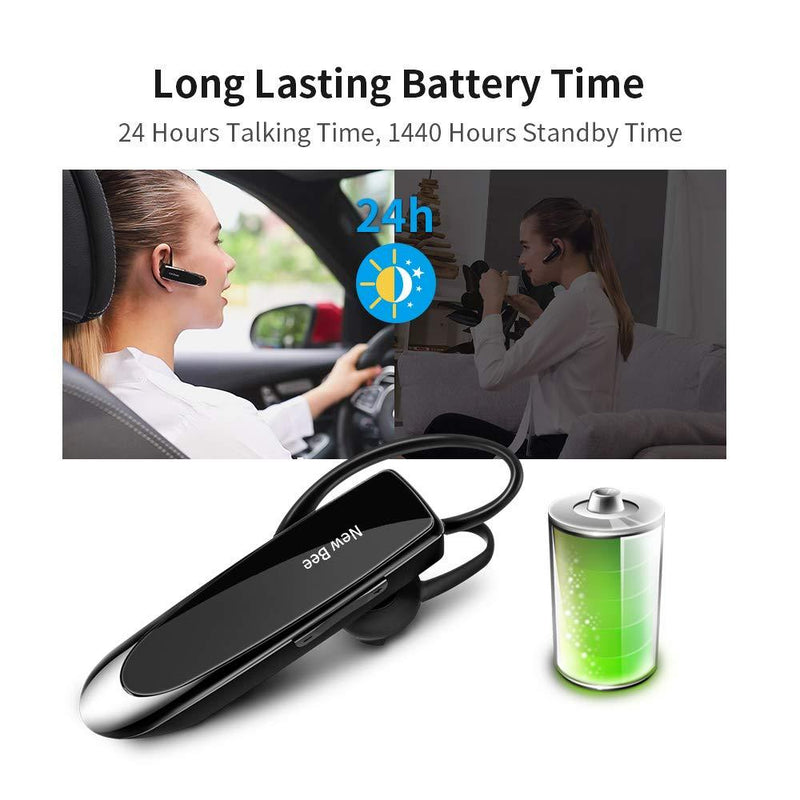 New bee Bluetooth Earpiece V5.0 Wireless Handsfree Headset with Microphone 24 Hrs Driving Headset 60 Days Standby Time for iPhone Android Samsung Laptop Trucker Driver (Black) Black