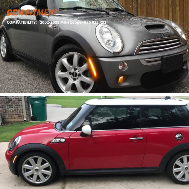 Adiil Amber Full LED Front Fender Side Marker Lights Assembly Smoked Lens Compatible With 2002-2008 MINI Cooper R50 R52 R53, Replace OEM Sidemarkers Lamps Front Side Marker Smoked Lens Amber LED
