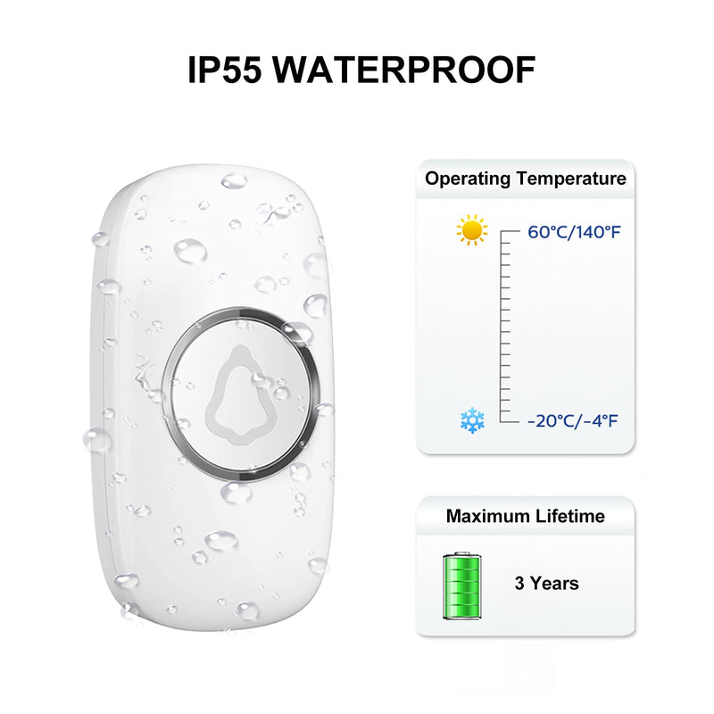 SECRUI Wireless Doorbell, Mini Door Bell with 58 Chimes 5 Volume Levels, 1 Waterproof Button 2 Plug in Receiver, White Doorbell with Led Blue light for Home/Classroom/Office 1 Push Button 2 Receivers