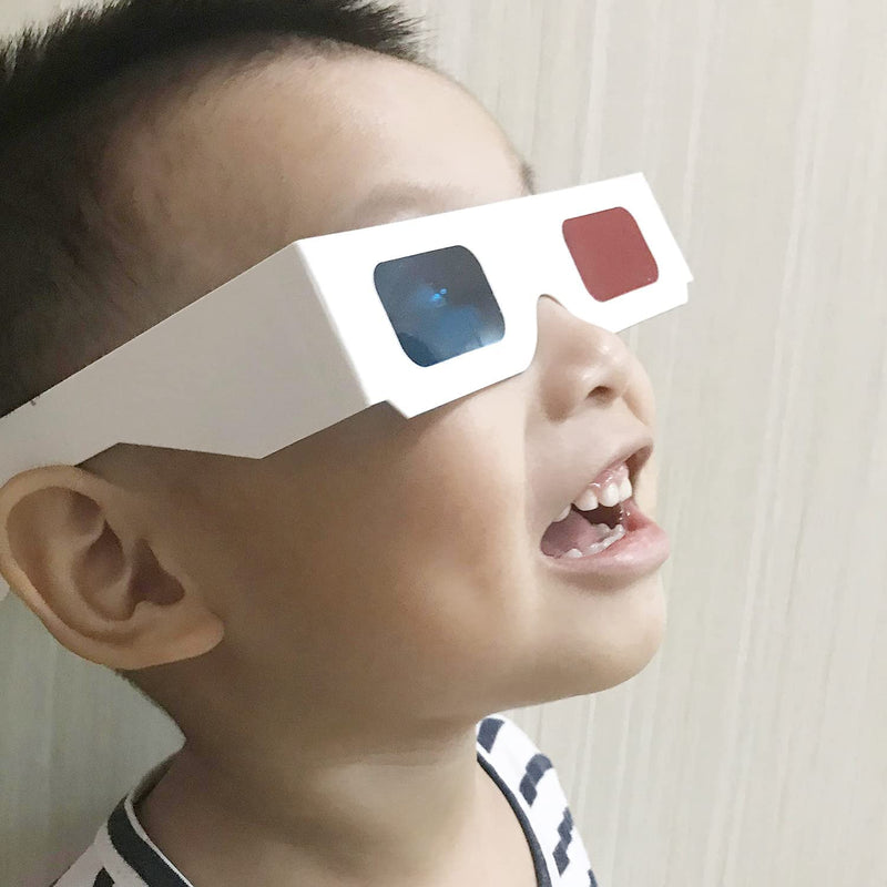 10 Pairs 3D Paper Glasses, Red and Cyan Lens in White Frame Anaglyph Cardboard for Movies - Folded in Protective Sleeve