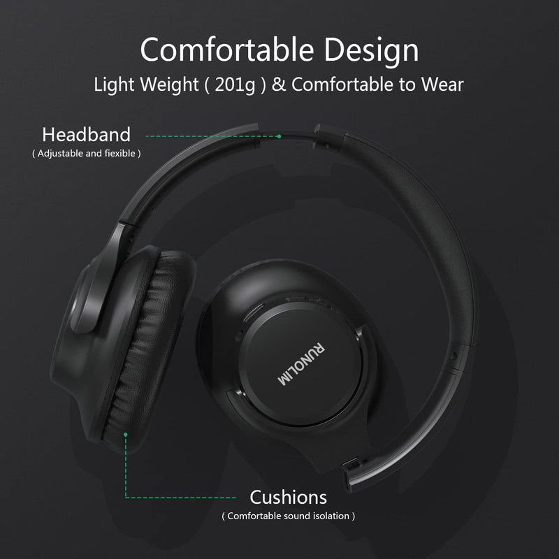 RUNOLIM Bluetooth Headphones Over Ear,Wireless Headphones with Microphone, 55 Hours Playtime Hi-Fi Stereo Sound Lightweight Foldable Headset for Cellphone PC Tablet Laptop, Black