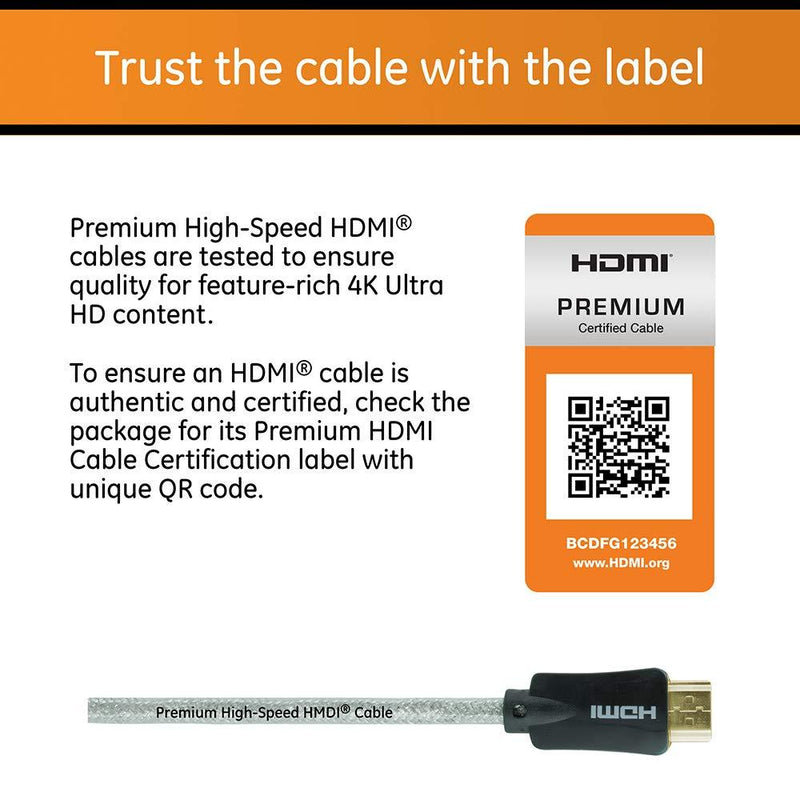 GE 4K HDMI Cable, 6 ft. HDMI 2.0 High Speed 18 Gbps with Ethernet, 4K 60Hz, 1440p 1080p 120Hz, HDR, for HDTV, Streaming, Blu-ray, Gaming, PS4 Pro PS5 Xbox, 33522 6 ft.