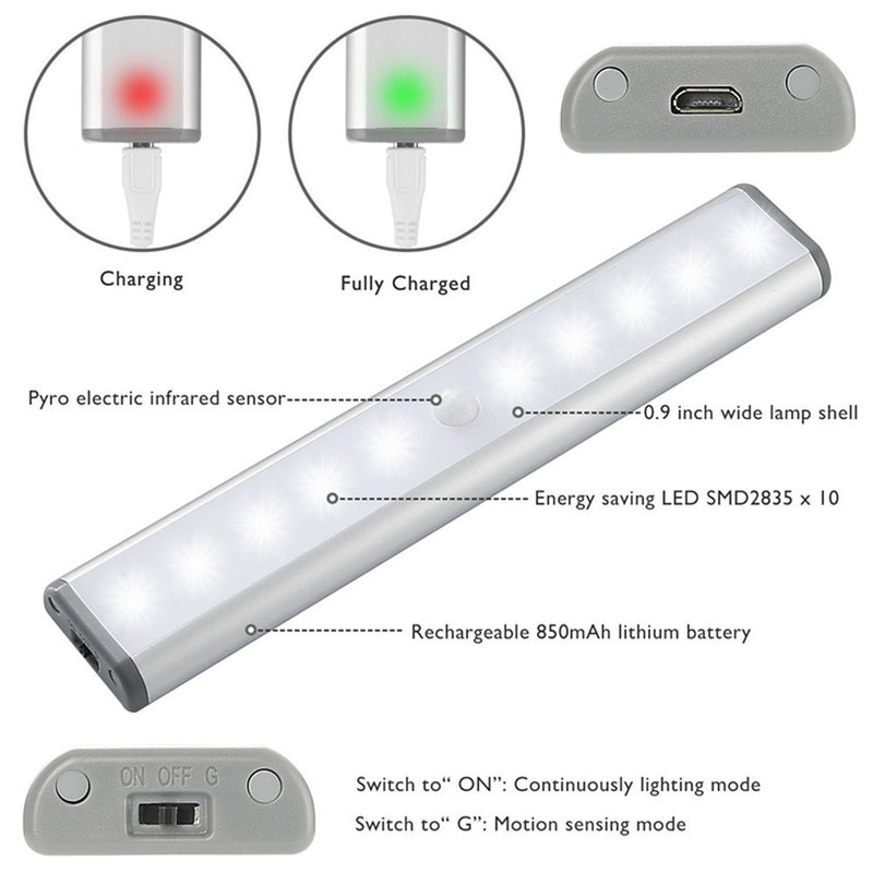 Stick-on Anywhere Portable Little Light Wireless LED Under Cabinet Lights 10-LED Motion Sensor Activated Night Light Build in Rechargeable Battery Magnetic Tap Lights for Closet, Cabinet (Silver2)