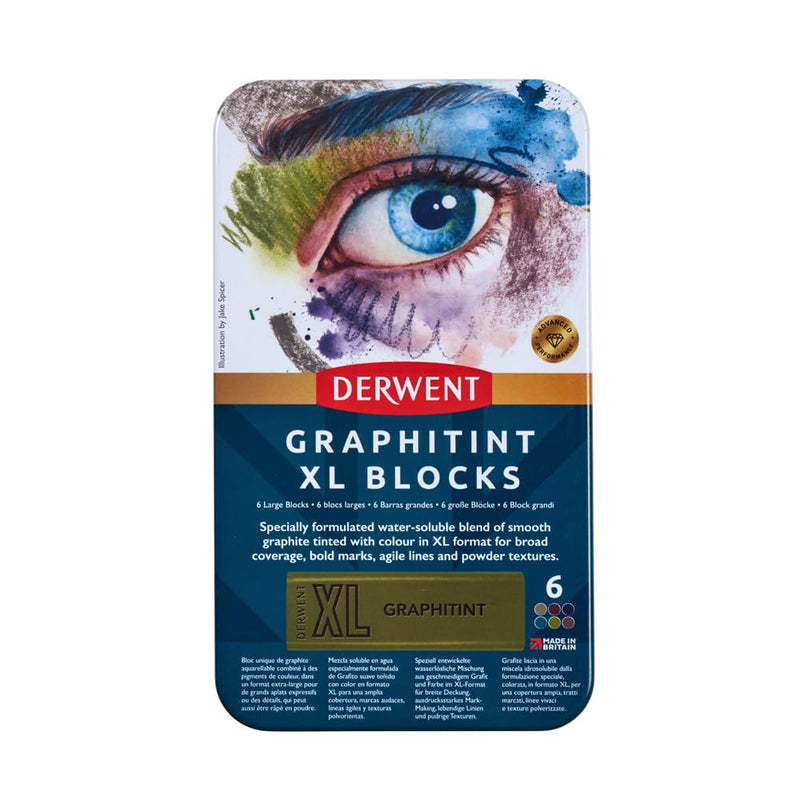 Derwent XL graphite block, set of 6 coloring pencils, 60 mm, extra wide color pencils, water-soluble, ideal for sketching, drawing and expressive drawings, professional quality, in pencil box, 2306175