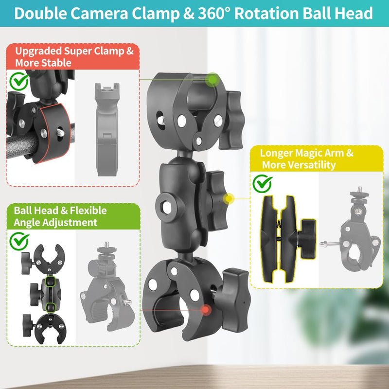 JEBUTU Super Clamp Double Camera Clamp, Super Camera Mount 360° Ballhead,Double Mount Clamp Bracket Magic Arm Double Ball Head Adapter for Tripod, Photographic Lighting Umbrella, Photo Light Stand