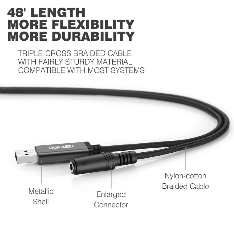 DUKABEL USB to 3.5mm Jack Audio Adapter, USB to Aux Cable with TRRS 4-Pole Mic-Supported USB to Headphone AUX Adapter Built-in Chip External Sound Card for PS4 PC PS5and More [19 inch] 19 inch/50cm