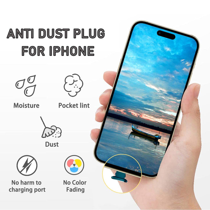 Fanoshon 4 Pack Anti Dust Plugs Pacific Blue Charging Port Cover Caps Compatible with iPhone 14 13 12 11 Plus Pro Max iPad Airpods, Dustproof, Wireless Charger & Phone Case Friendly, Anti Lost 05 Pacific Blue