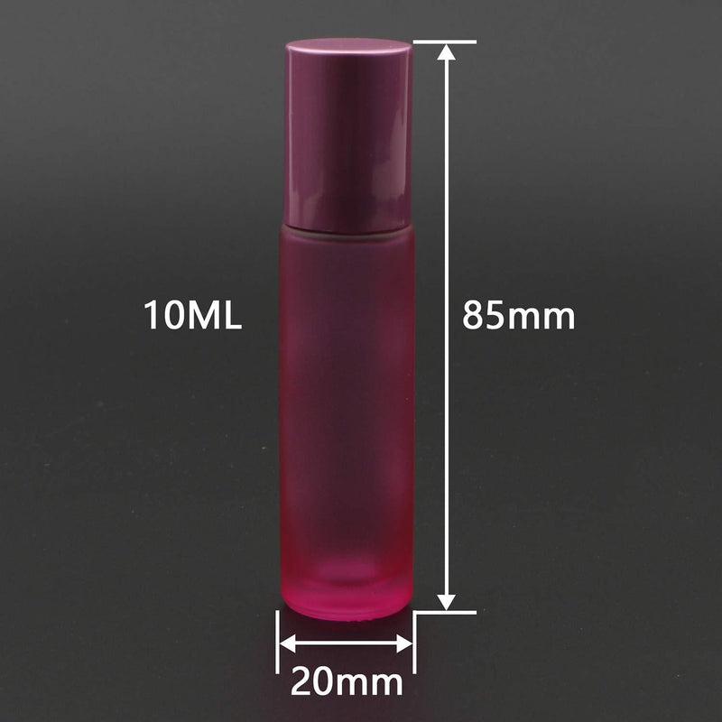 Kesell 10 Pack - 10ml Refillable Frosted Glass Roller Bottles Vials with Stainless Steel Roller Ball and Aluminum Cap - Pink Color