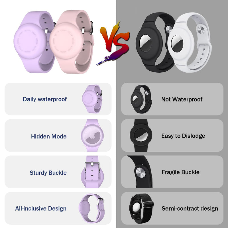 R-fun Waterproof Air Tag Bracelets for Kids [2 Pack] Compatible with Apple Air Tag Finders with Soft Silicone,Anti Lost GPS Item Finders Case Cover for Kids,Pink/Light Purple Pink/Light Purple