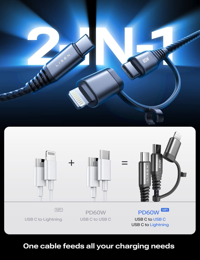 [Apple MFi Certified] iPhone Car Charger USB C Fast Charge[Mini&Metal] LISEN 48W Cigarette Lighter USB Charger iPhone USB C Car Charger with 2-in-1 USB C Cable to Lightning Cable for iPhone 14 13 12