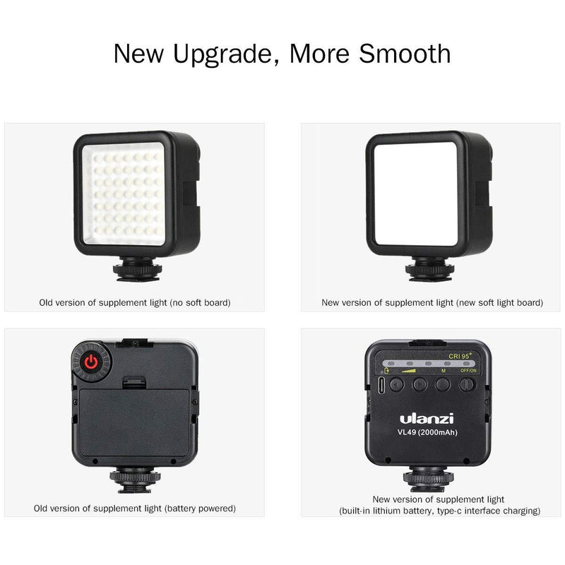 ULANZI VL49 2000mAh LED Video Light w 3 Cold Shoe, Rechargeable Soft Light Panel, Portable Photography Lighting for DJI OSMO Sony DSLR Canon Camera GoPro Vlogging Black