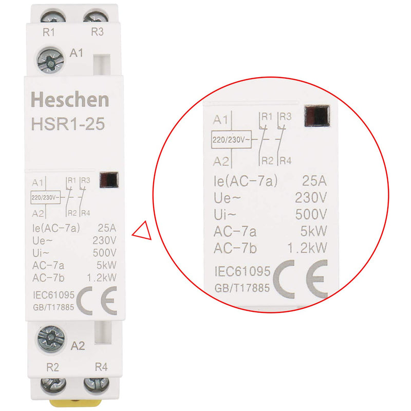 Heschen Household AC Contactor HSR1-25 2 Pin Normally Closed AC 220V/230V Coil Voltage 35mm DIN Rail Mount 1