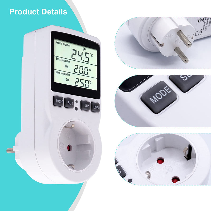 RUIZHI Digital Temperature Controller Sockets Heating Cooling Thermostat 250V with Sensor Socket and Probe LCD Screen for Greenhouse, Aquarium, Terrarium, Reptiles (EU).