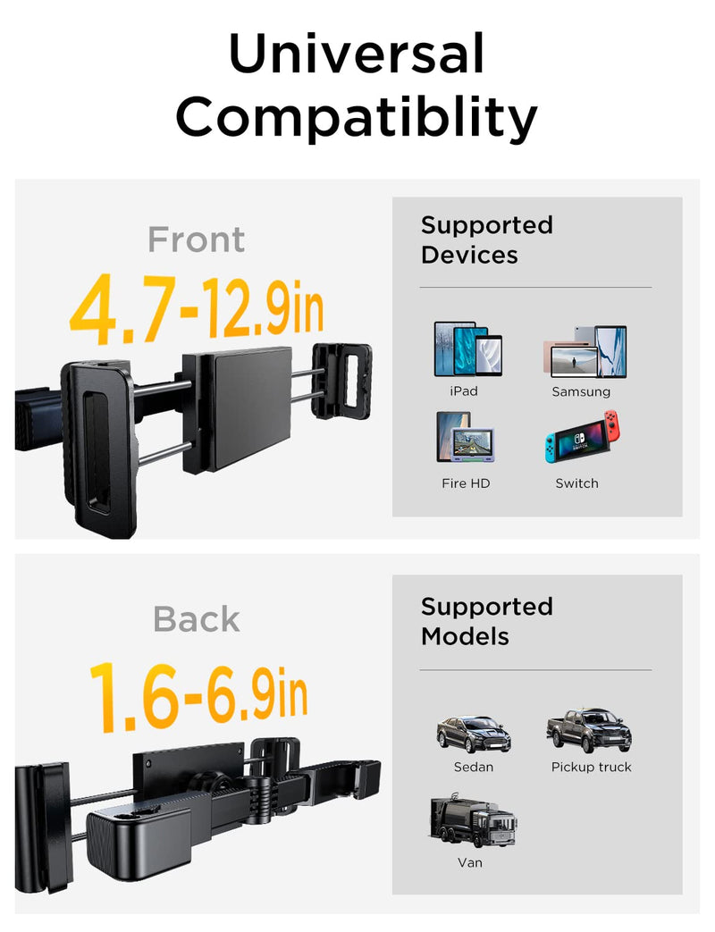 LISEN Car Headrest Tablet Mount Holder, [Travel Companion] 360Â° Rotation iPad Car Holder Back Seat for Tablets, Cell Phone and More 4.7-12.9" Devices, Headrest Posts Width 1.6-6.9"