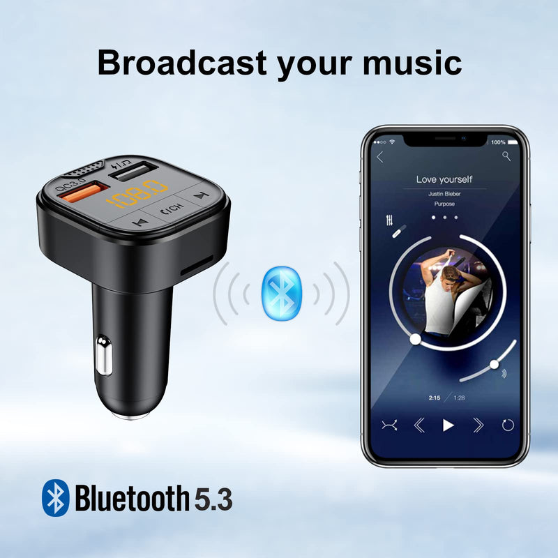 Bluetooth Adapter for Car，Bluetooth FM Transmitter for Car,MP3 Player QC3.0 Quick Charge for All Smartphones Audio Players，Supports TF/SD Card and USB