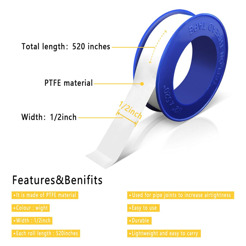 8 Rolls 1/2 Inch(W) X 520 Inches(L) Teflon Tape,for Plumbers Tape,Plumbing Tape,PTFE Tape,Thread Tape,Plumber Tape for Shower Head,Pipe Sealing,Thread Seal,White 8 Rolls