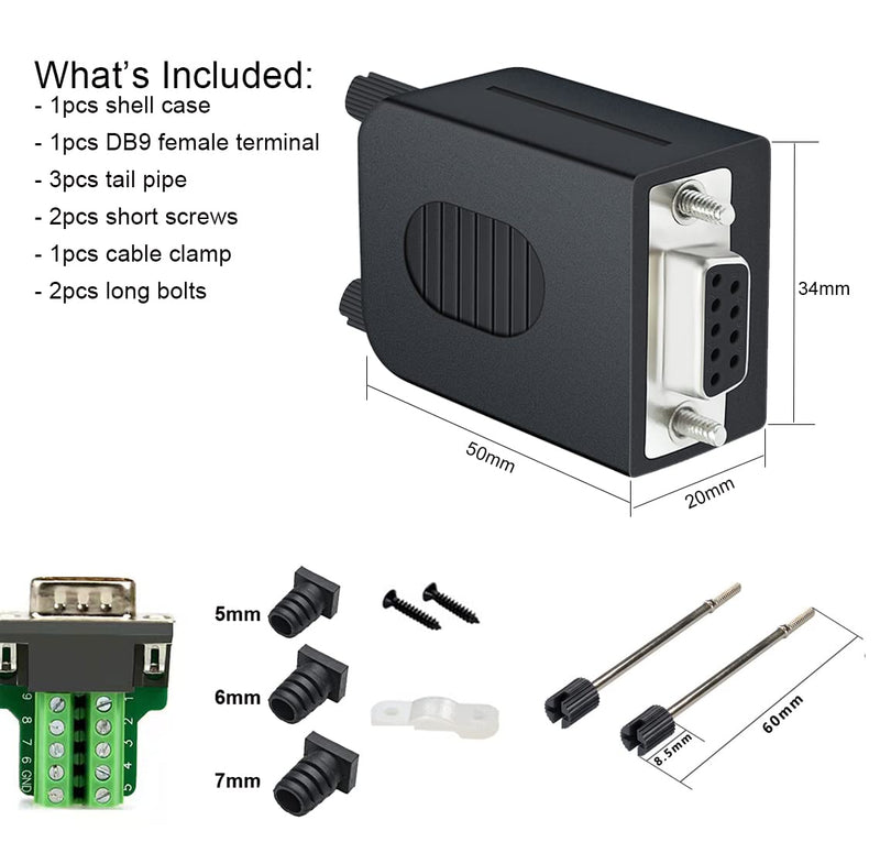 DTECH DB9 Breakout Connector DB-9 Female RS232 Serial Adapter Solderless Module Board with Screw Terminals Block, Case, Long Bolts and Tail Pipes (DB9 Female + Long Bolts) DB9 female + long bolts
