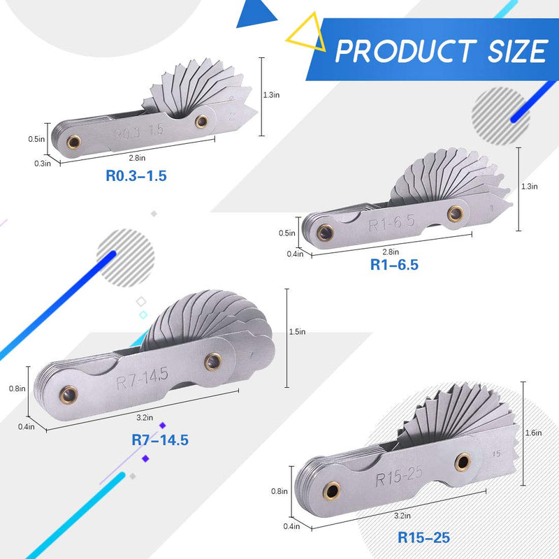 Glarks 4 Pack R0.3-1.5/ R1-6.5/ R7-14.5/ R15-25 Radius Gauge Set, Stainless Steel Radius Fillet Gage Portable Concave Convex Measuring Tool for Tool and Die Makers Check