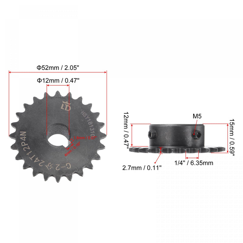 uxcell 24 Tooth Roller Sprocket, 25 Chain Single Strand 1/4" Pitch, 12mm Bore Black Oxide C45 Carbon Steel, 4x1.8mm Keyway with Set Screws for ISO 04C