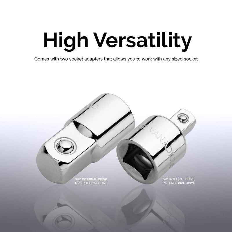 NEIKO 01135A 3/8" Drive T Handle Wrench | 11” Length | Includes 1/4" and 1/2” Adaptors | Cr-V Steel