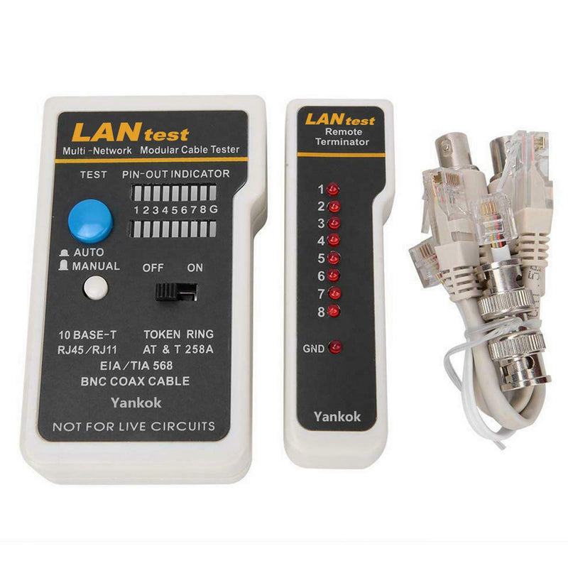 Yankok [Network Cable Tester] for 10Base-T, 10Base-2 Ethernet, RJ11/RJ12/RJ45 Modular Cables, 258A, TIA-568A/568B and Token Ring Cables (with 2x RJ-45-to-BNC Adapter, 1x BNC Connector, 1x Carry Pouch) RJ45 & COAX (Black)