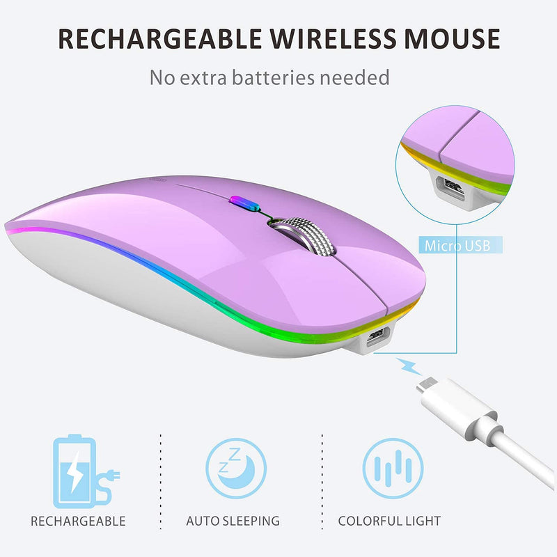 LED Wireless Mouse, G12 Slim Rechargeable Wireless Silent Mouse, 2.4G Portable USB Optical Wireless Computer Mice with USB Receiver and Type C Adapter (Purple) Purple