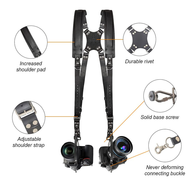 Jumyee Leather Camera Strap, Dual Camera Straps For Photographers Double Camera Harness AdjustableÂ Shoulder StrapsÂ Belt Black