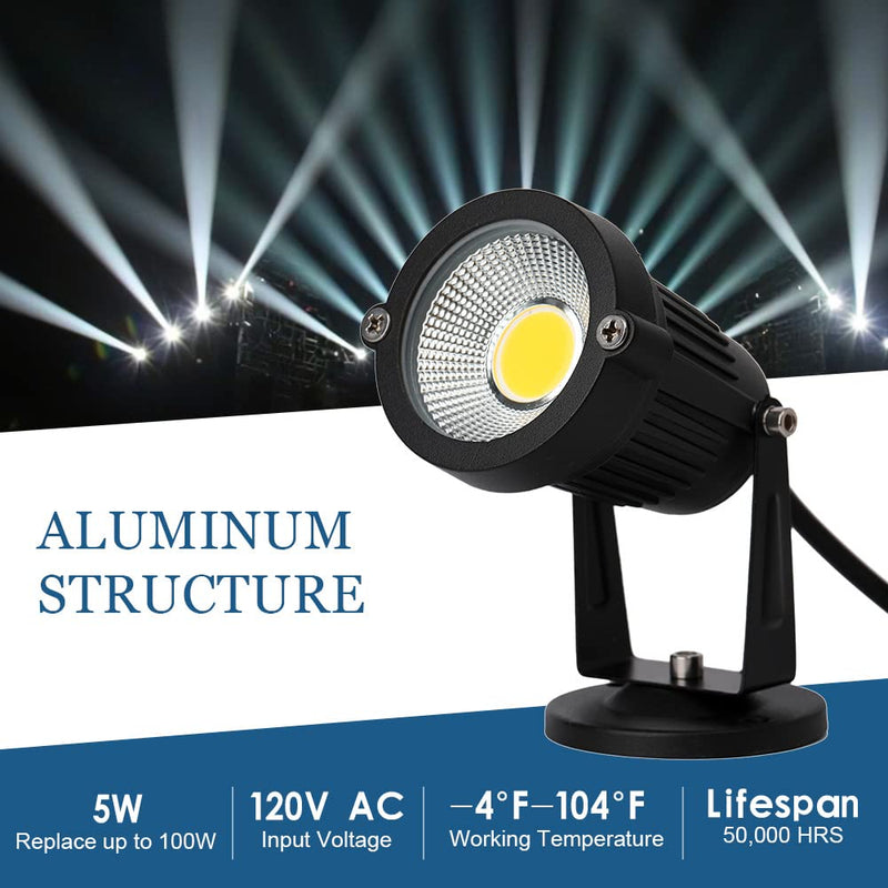 5W LED Spotlight Lamp, Indoor Spot Lights for Plants Uplights Accent Lighting ,120V Landscape Lights Warm White Up Light 6FT Cord with US 3 Prong (2 Pack Base and Stake Included)