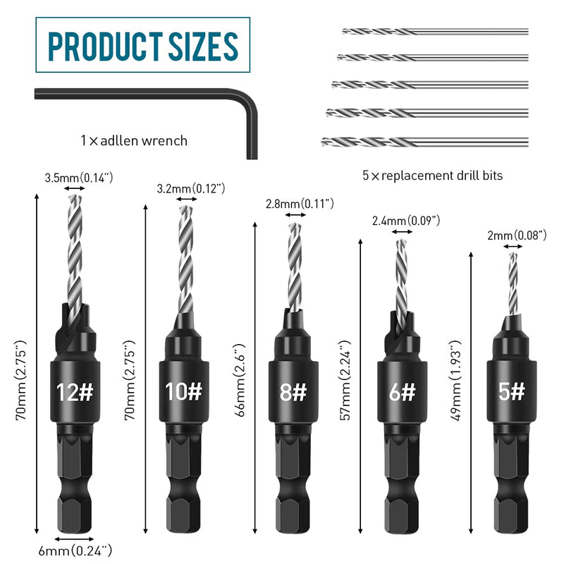 Countersink drill set for woodworking, 5-piece 1/4" twist drill with countersink attachment, 5-piece HSS twist drill with a wrench