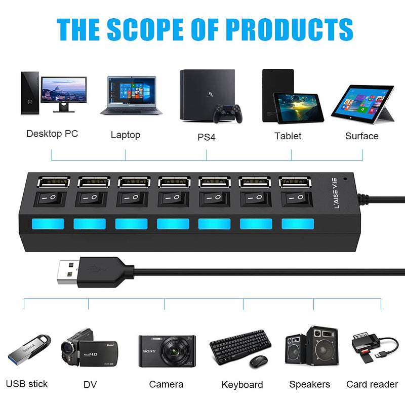 Multi Port USB Splitter, 7 in 1 USB 2.0 Hub with High Speed Individual ON/Off Switches with LEDs
