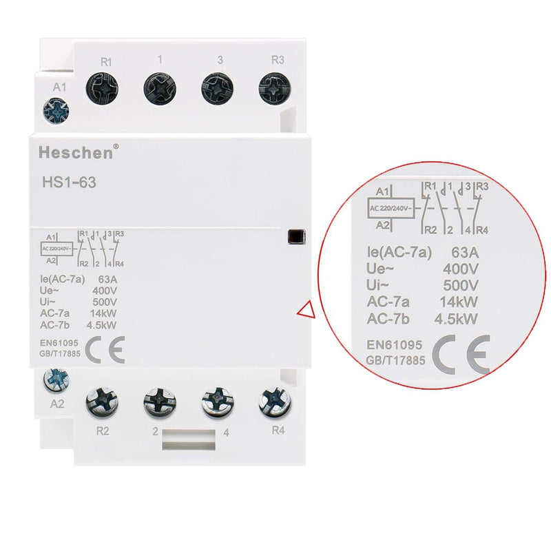 Heschen Household AC Contactor HS1-63 4 Pin 2NO 2NC AC 220V/240V Coil Voltage 35mm DIN Rail Mount