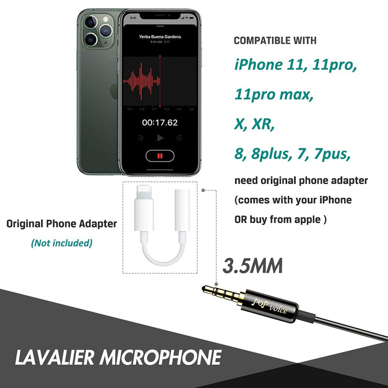 PoP voice Professional Lavalier Lapel Microphone Omnidirectional Condenser Mic for iPhone Android Smartphone,Recording Mic for Youtube,Interview,Video