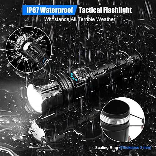 Flashlight High Lumens Rechargeable, Goreit 20000 Lumen Led Flashlights XHP70.2 USB Super Bright Flash Light, High Powered Handheld Flashlights for Emergencies Camping, IP67 Waterproof, Zoomable Black