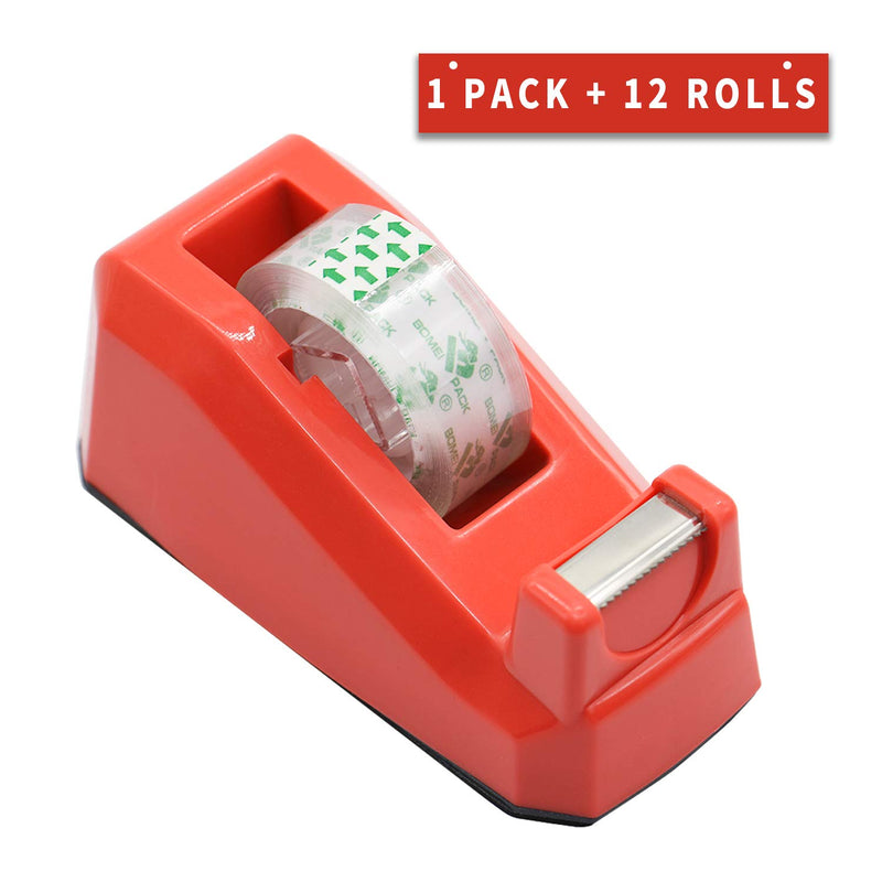 Cute Red Desk Tape Dispensers, 1 Pack with 12Rolls Transparent Tape, 1 Inch Core, for School, Office and Home DIY, BOMEI PACK