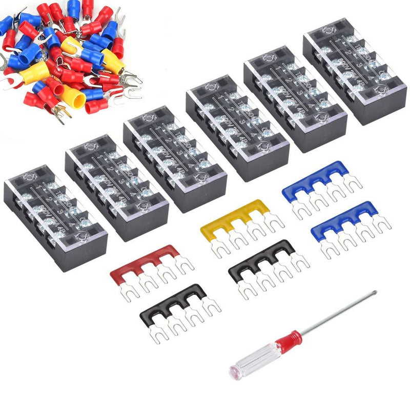 73Pcs(6Sets) Terminal Block Set, 6Pcs 4 Positions 600V 25A Dual Row Screw Terminal Strip Block + 6Pcs Pre-Insulated Terminals Barrier Strip + 60Pcs Insulated Fork Wire Connector by CGele… 25A 4P+6 pcs Jumpers
