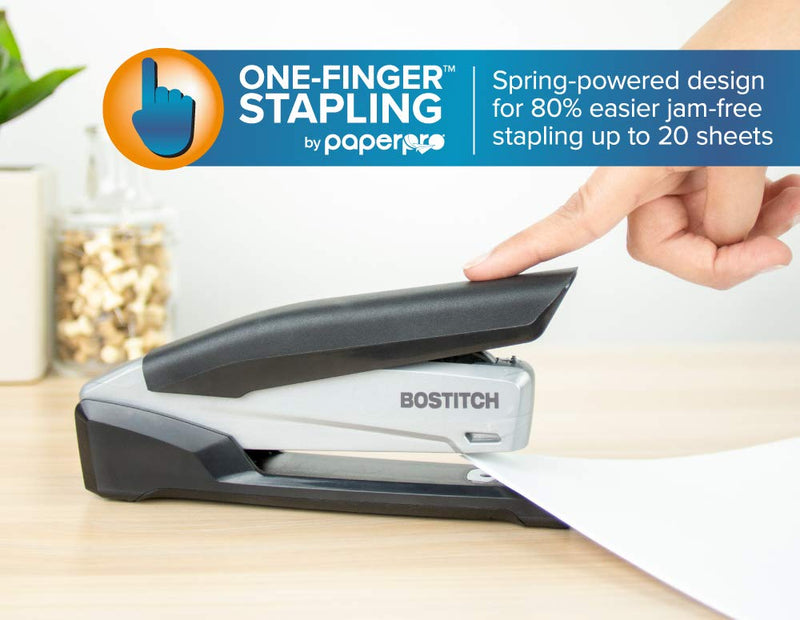 Bostitch Executive Stapler - 3 in 1 Stapler - One Finger, No Effort, Spring Powered Stapler, Black/Gray (INP20), 20 Sheets