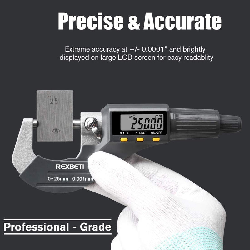 Digital Micrometer, Professional Inch/Metric Thickness Measuring Tools 0.00005"/0.001 mm Resolution Thickness Gauge, Protective Case with Extra Battery