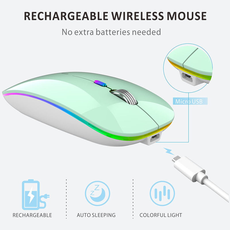 LED Wireless Mouse, G12 Slim Rechargeable Wireless Silent Mouse, 2.4G Portable USB Optical Wireless Computer Mice with USB Receiver and Type C Adapter (Mint Green) Mint Green