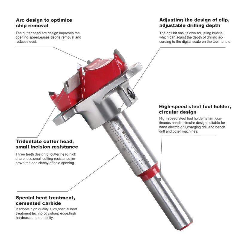 Flintronic Forstner bit, Ø35mm Forstner drill wood drill with round shank, dowel drill wood drill with depth stop, professional Forstner drill, pot drill art drill for wood, woodworking ø35mm