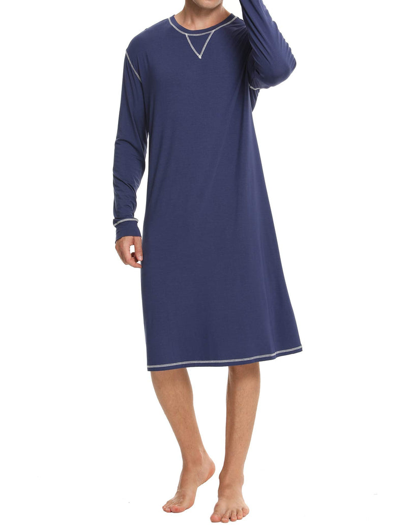 SWOMOG Men's Nightshirt Long Sleeve Crewneck Modal Nightgown Loose Comfy Sleep Shirt Small Navy Blue