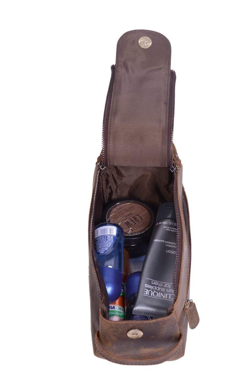 KOMALC Premium Buffalo Leather Unisex Toiletry Bag Travel Dopp Kit Distressed Tan