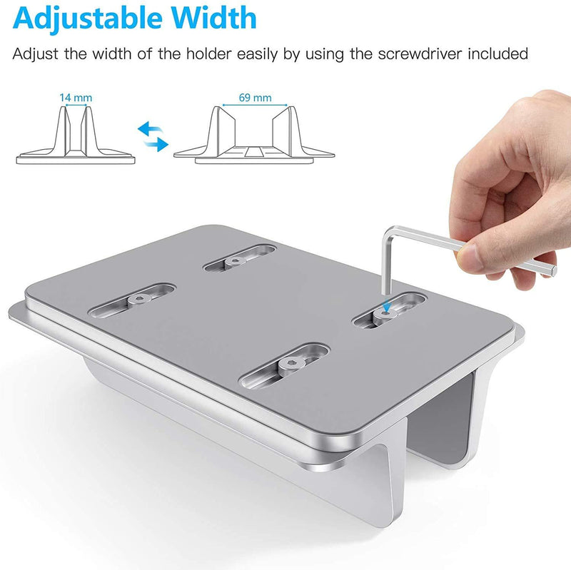 Vertical Laptop Stand Holder, OMOTON Desktop Aluminum MacBook Stand with Adjustable Dock Size, Fits All MacBook, Surface, Chromebook and Gaming Laptops (Up to 17.3 inches), Silver