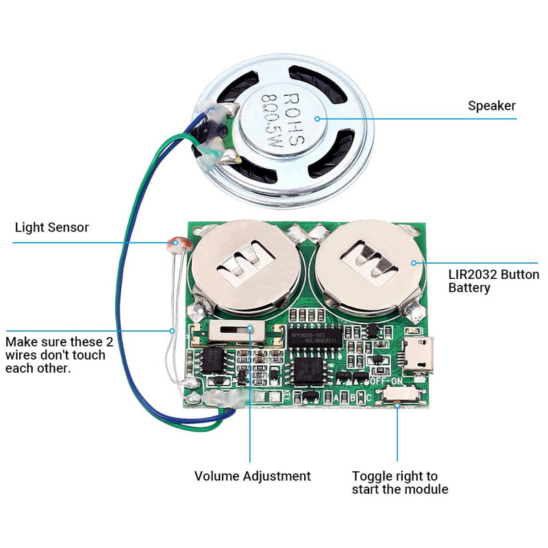 Icstation DIY Light Sensor Sound Module Micro USB Music Player for Talking Greeting Card Creative Gifts 8M Memory w/Speaker 8M Light Sensor
