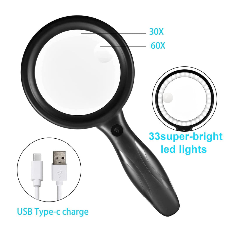 Magnifying Glass with Light, 30X Magnifying Glasses with Light for Close Work Magnifying Glass for Reading - 33 LED Large Magnifying Glass 30X Magnifying Glass with The Light Black