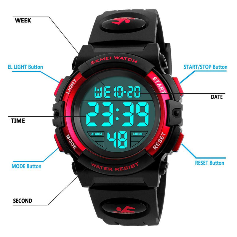 Kids Digital Watch Outdoor Sports 50M Waterproof Electronic Watches Alarm Clock 12/24 H Stopwatch Calendar Boy Girl Wristwatch Black Red