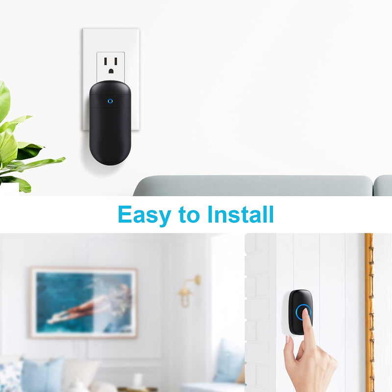 SECRUI Wireless Doorbell – Doorbell Wireless Kits with 2 Receivers – Battery Operated Doorbell with 52 Chimes, 110dB, Flash Lights, – Waterproof Modern Doorbell – Over 1000ft Coverage Black