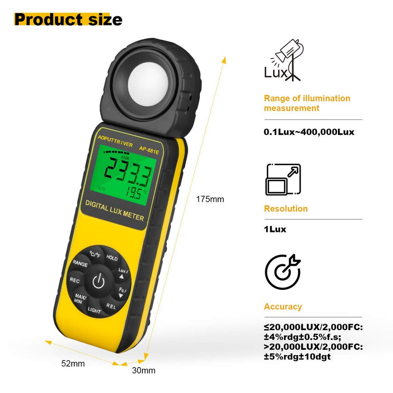 Light Meter, lux Meter AP-881E Recording Light Meter for Plants with Display 3999(Range from 1～300,000Lux), Lux/Fc Unit, MAX/MIN, Back Light, Data Hold, Data Storage AP-881E(0.01~300,000 Lux)