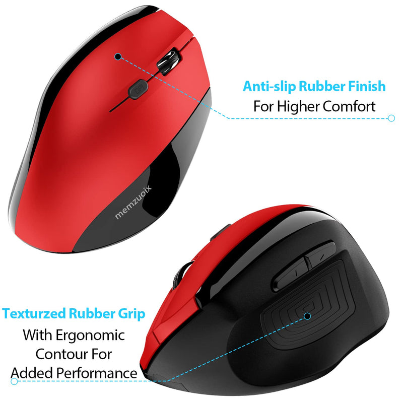 memzuoix Ergonomic Mouse Wireless Mouse, 2.4G Large Vertical Mouse USB Optical Cordless Mice with 800 / 1200 /1600 DPI, Ergonomic Computer Mouse for Laptop, PC, Desktop (for Right Hand) Red